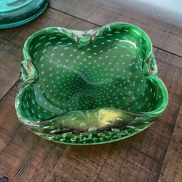 Murano Large Aventurine Bullicante Mid-Century Modern Emerald Green Bowl Ashtray - Picture 1 of 9